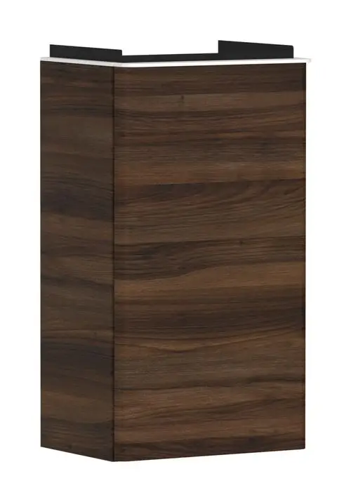 Dunkler Waschtischunterschrank von Hansgrohe mit Holzoptik, geeignet für Handwaschbecken, Türanschlag links, rechteckige Form, klare Linienführung.